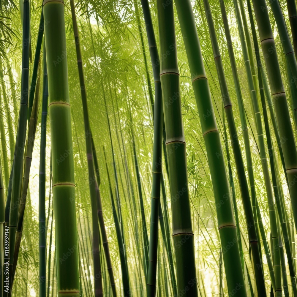 Fototapeta premium A dense grove of tall, slender bamboo stalks bathed in warm sunlight, creating a serene and tranquil scene.