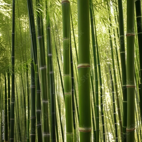 A dense grove of tall, slender bamboo stalks bathed in warm sunlight, creating a serene and tranquil scene.
