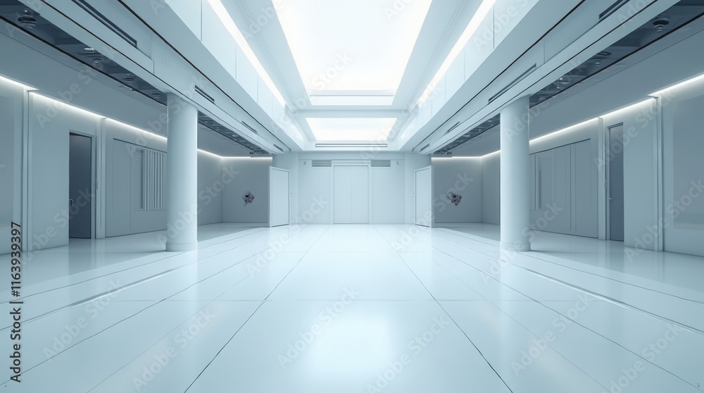 A futuristic, perspective view of an empty space with hidden lighting, a white floor, and a ceiling, creating a modern background design evoking a sense of future technology, suitable for a showroom A futuristic, perspective view of an empty space with hidden lighting, a white floor, and a ceiling, creating a modern background design evoking a sense of future technology, suitable for a showroom