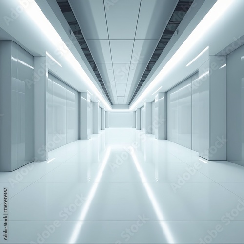 A futuristic  perspective view of an empty space with hidden lighting  a white floor  and a ceiling  creating a modern background design evoking a sense of future technology  suitable for a showroom