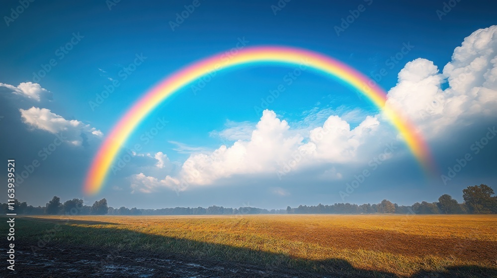Naklejka premium Vibrant rainbow arcs over hazy field.