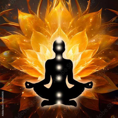 Sacral chakra, yoga lotus pose meditation. Svadhisthana chakra, mystical orange and gold petals, enchanted ambience. Peaceful decor for chakra energy healing, reiki or yoga studios, massage therapists
