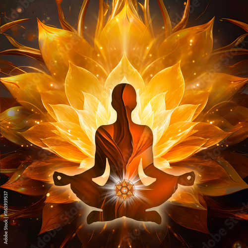 Sacral chakra, yoga lotus pose meditation. Svadhisthana chakra, mystical orange and gold petals, enchanted ambience. Peaceful decor for chakra energy healing, reiki or yoga studios, massage therapists