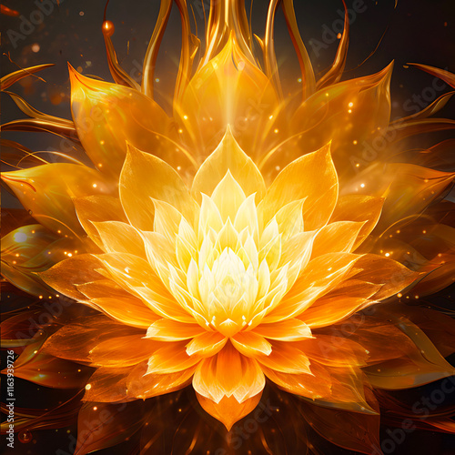 Sacral chakra illustration, design. Svadhisthana chakra, mystical orange gold petals, enchanted ambience. Peaceful decor for meditation, chakra energy healing, reiki, yoga studios, massage therapists.