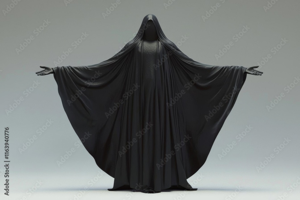 Dark Figure in Hooded Cloak with Outstretched Arms Dark Figure in Hooded Cloak with Outstretched Arms