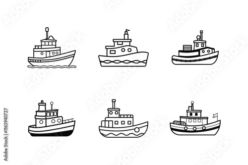 tugboat line art,  boat icon, set of ships