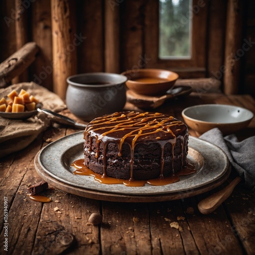 A chocolate fudge cake with a caramel drizzle, placed on a rustic wooden board in a cozy log cabin.