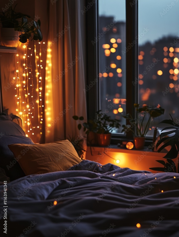 Obraz premium Cozy Bedroom Scene with String Lights and Plants