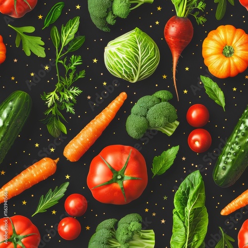 Colorful vector pattern of various vegetables on a dark background including carrots and tomatoes