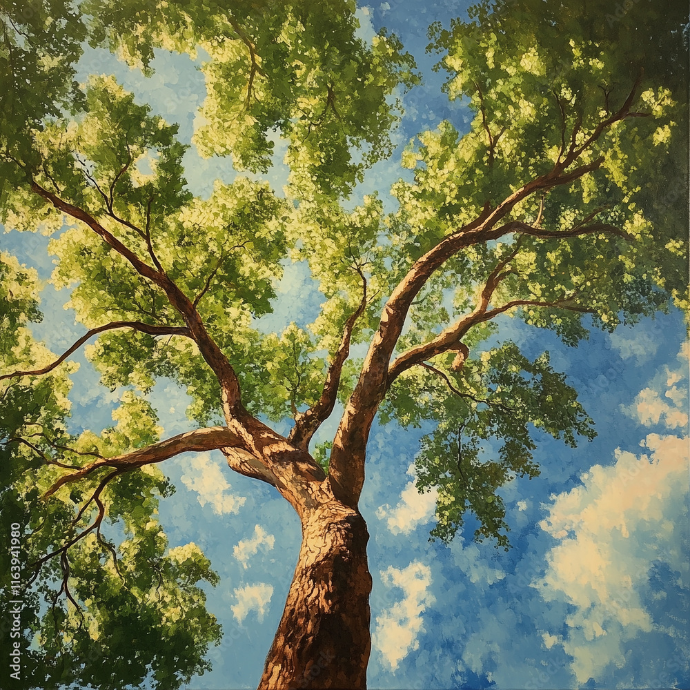 Fototapeta premium Whimsical Tree Floating in the Sky Above a Serene Landscape, Representing Fantasy and Tranquility trees in the park