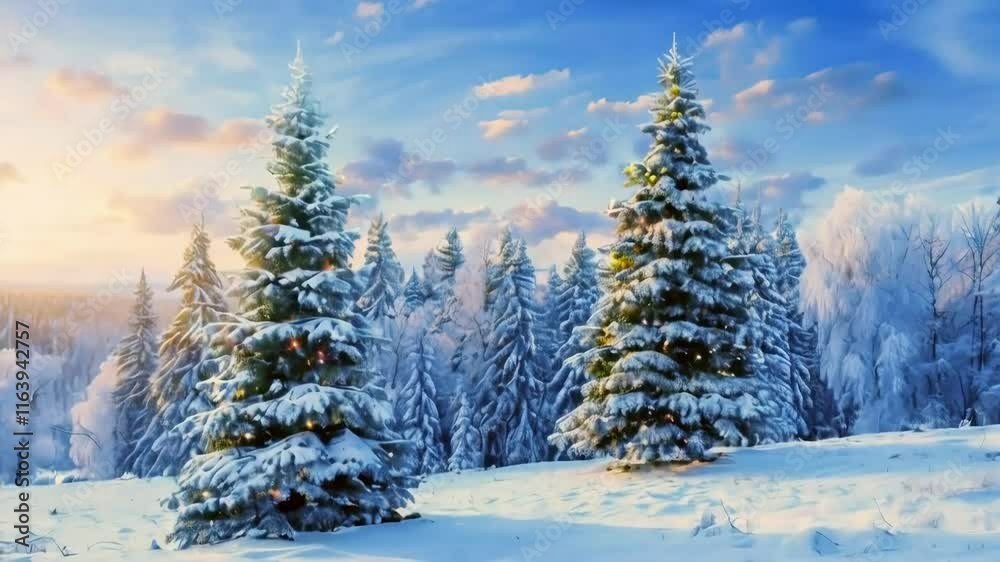 Snowy winter landscape with illuminated pine trees at sunset. Snowy winter landscape with illuminated pine trees at sunset.
