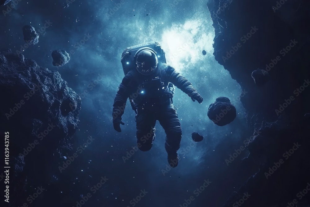Picture of astronaut spacewalking with glowing stars and asteroids. Deep space image, science fiction fantasy in high resolution ideal for wallpaper and print Picture of astronaut spacewalking with glowing stars and asteroids. Deep space image, science fiction fantasy in high resolution ideal for wallpaper and print