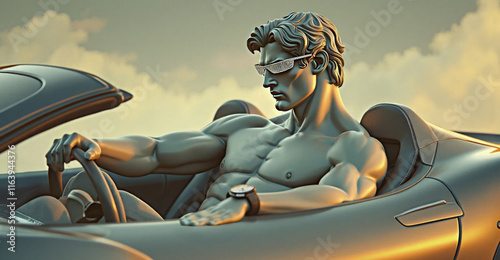 A Greek statue of a man wearing sparkling sunglasses, seated confidently in a luxury car, with a serene sky in the background. Perfect for luxury branding, lifestyle advertising, or automotive campaig photo