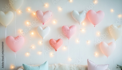 A decorative wall with heart-shaped balloons and fairy lights, creating a festive atmosphere.