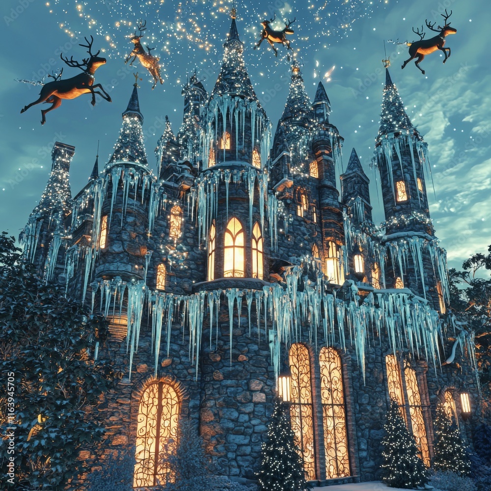 Naklejka premium Magical 3D Christmas Castle Rendering with Sparklers