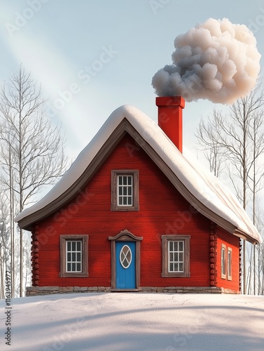 Charming red cottage nestled in snow, with a blue door and smoky chimney. photo