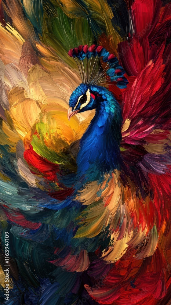 Obraz premium Vibrant Digital Painting of Elegant Peacock Displaying Feathers