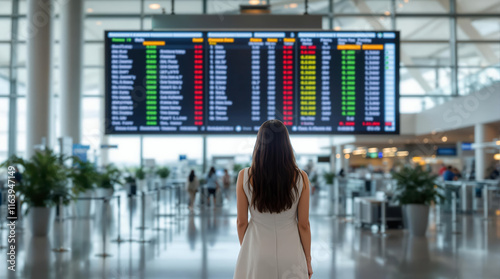 Female Passenger Looking at Flight Schedule in Contemporary Airport photo