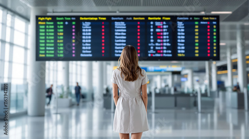 Young Female Passenger Viewing Flight Information Screen in Airport photo