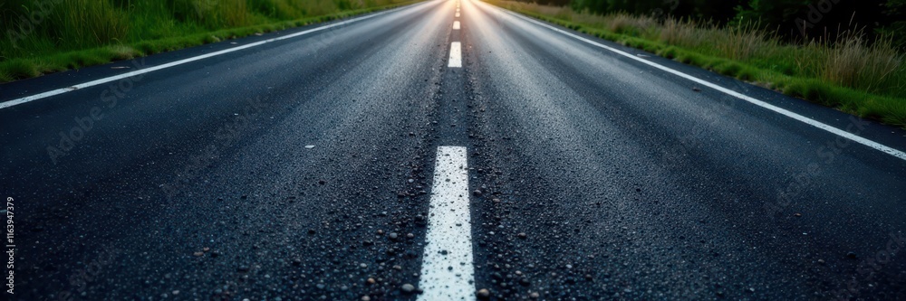 Smooth black asphalt roadway bisected by bold white lines , journey, driving Smooth black asphalt roadway bisected by bold white lines , journey, driving