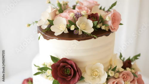 Wedding cake with ganache topping and floral arrangements.