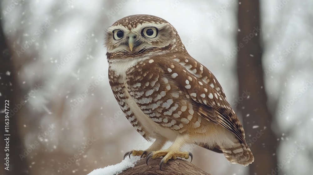 Small owl perched on snow-covered branch in winter. Small owl perched on snow-covered branch in winter.