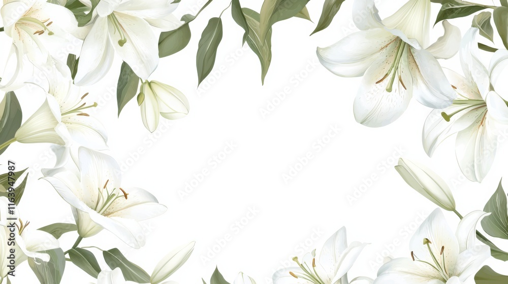 Obraz premium white lily flowers banner. White lily flower on white background. Floral wedding card, celebration, invitation, farewell greeting, condolence. 