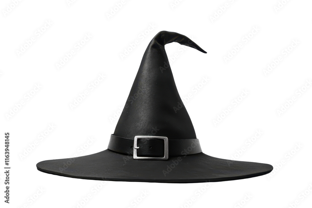 Fototapeta premium A classic black witch hat with a wide brim and a decorative buckle.