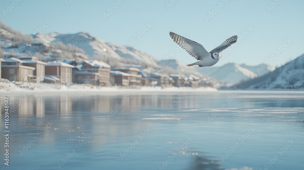 Snowy owl in flight over frozen lake and snowy village.