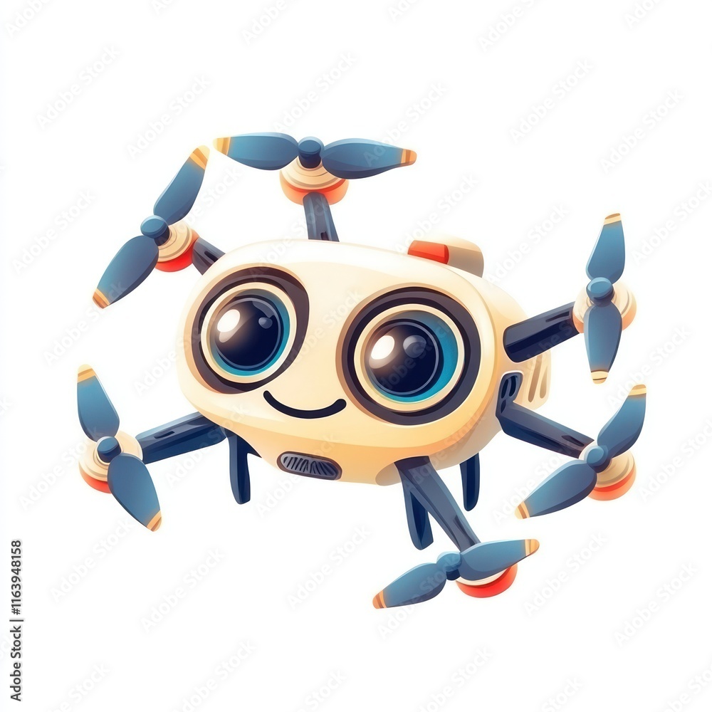 Playful drone with expressive face and tiny propellers. vector style art 3d illustration Isolated on White Background Playful drone with expressive face and tiny propellers. vector style art 3d illustration Isolated on White Background