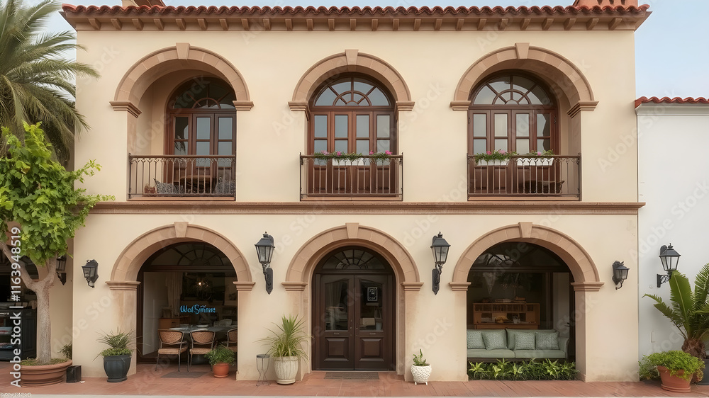 Fototapeta premium Drawing inspiration from Spanish colonial style, this three-level floor commercial building showcases a fusion of traditional organic elegance and Mediterranean influence. With a beautiful facade, arc