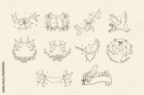 A collection of elegant line art illustrations featuring doves, ribbons, hearts, and floral garlands