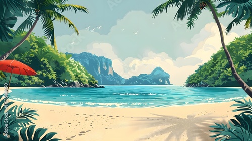 Illustration of a tranquil tropical cove featuring calm turquoise waters, golden sand, lush greenery, distant mountains, and a red umbrella under swaying palm trees photo