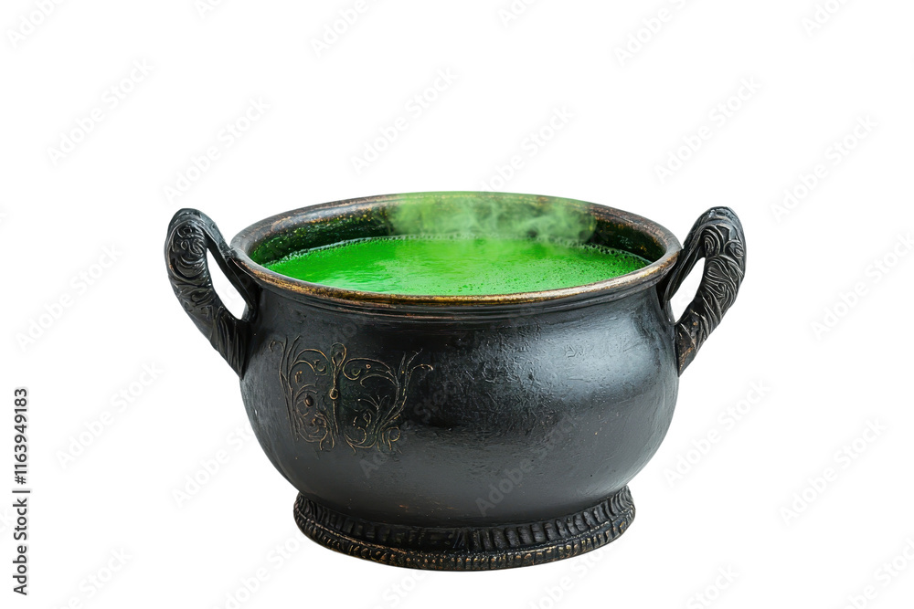A dark, round cauldron filled with vibrant green liquid, emitting wisps of steam, suggesting a magical or mystical essence. A dark, round cauldron filled with vibrant green liquid, emitting wisps of steam, suggesting a magical or mystical essence.