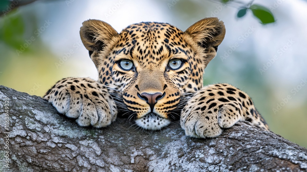 Naklejka premium Majestic Leopard Resting on Tree Branch with Intense Blue Eyes and Patterned Fur