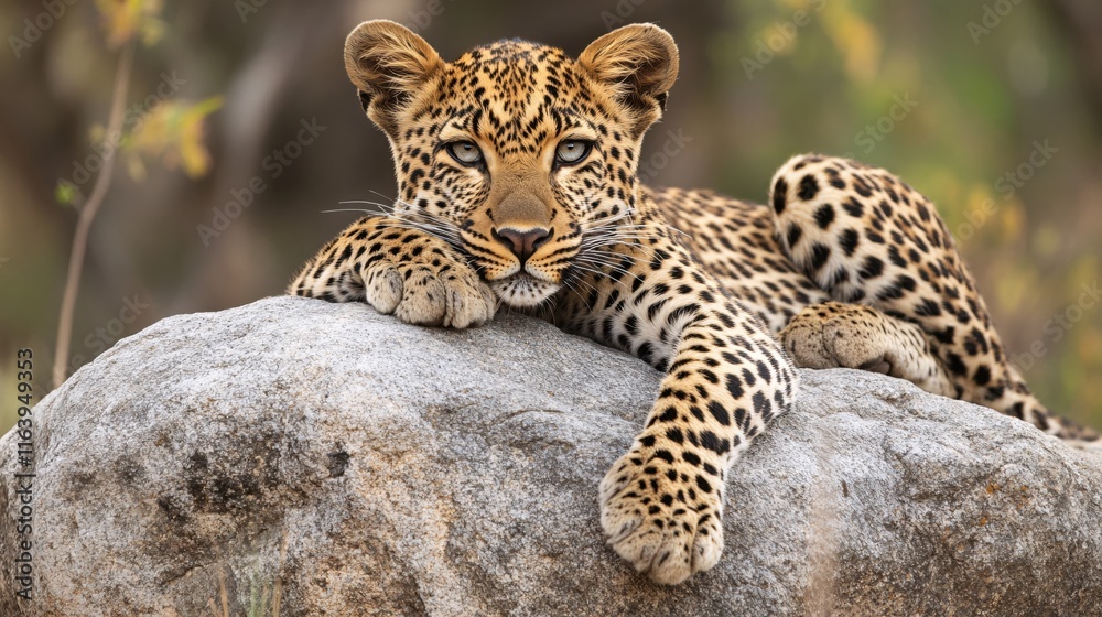 Leopard Resting on Rock with Pristine Fur and Intense Eyes in Natural Habitat Leopard Resting on Rock with Pristine Fur and Intense Eyes in Natural Habitat