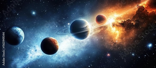 Stunning planets showcased against a vibrant nebula backdrop.