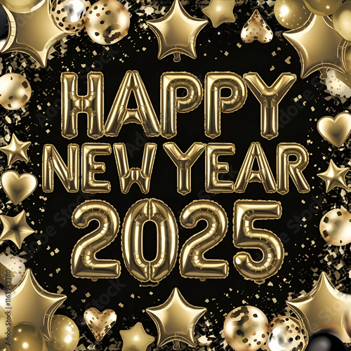 Card or banner to wish a happy new year 2025 in gold with gold-colored circles and glitter in bokeh effect on a black background. photo