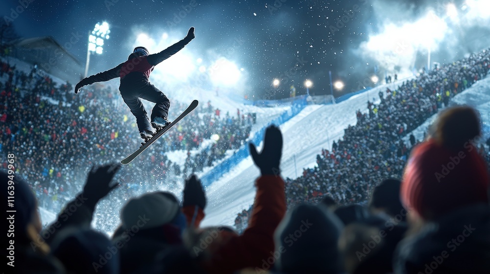 Obraz premium A snowboarder is performing a trick in front of a crowd of people