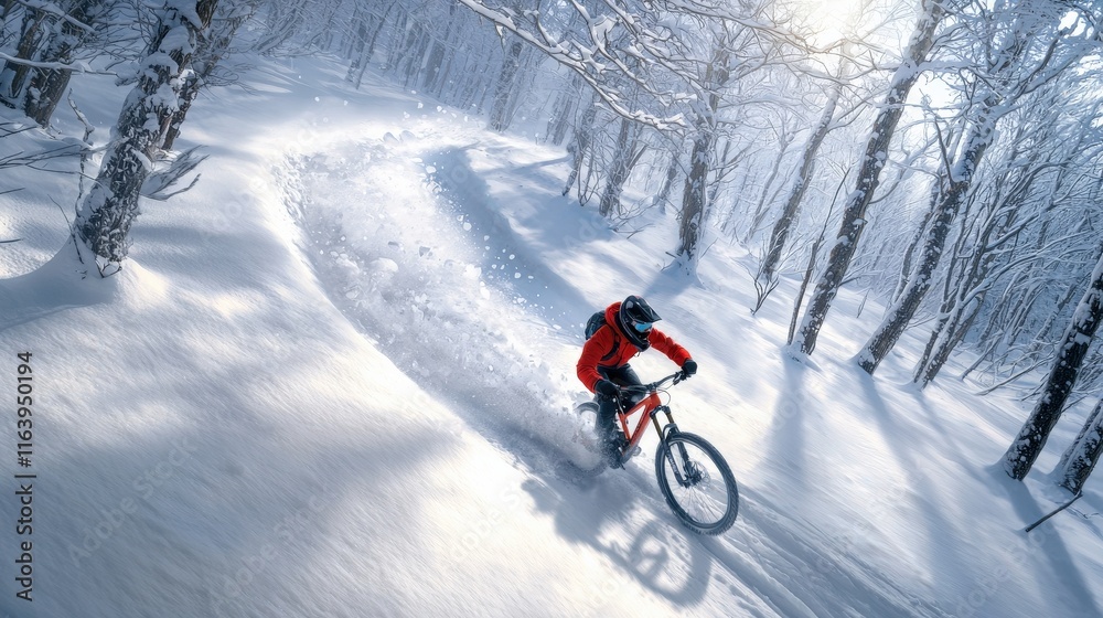 A snow biker racing through a snowy forest trail, leaving a path of churned snow behind A snow biker racing through a snowy forest trail, leaving a path of churned snow behind