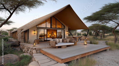 Luxurious safari tent with wooden deck in serene savannah setting