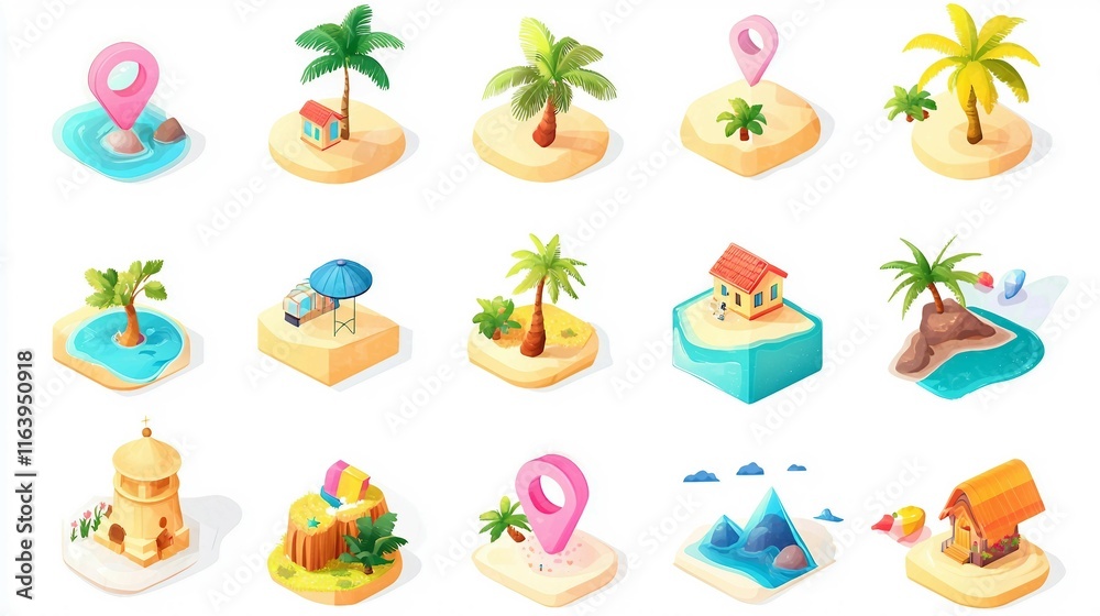 Colorful Tropical Island Illustrations with Palm Trees and Water Features Colorful Tropical Island Illustrations with Palm Trees and Water Features
