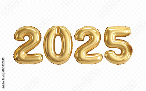 abstract 3d 2025 text made with high resolution different premium golden colour hellium in topview balloons isolated on white background