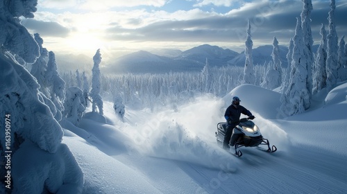 A snowmobiler zooming through a dense snowy forest, kicking up clouds of fresh powder photo