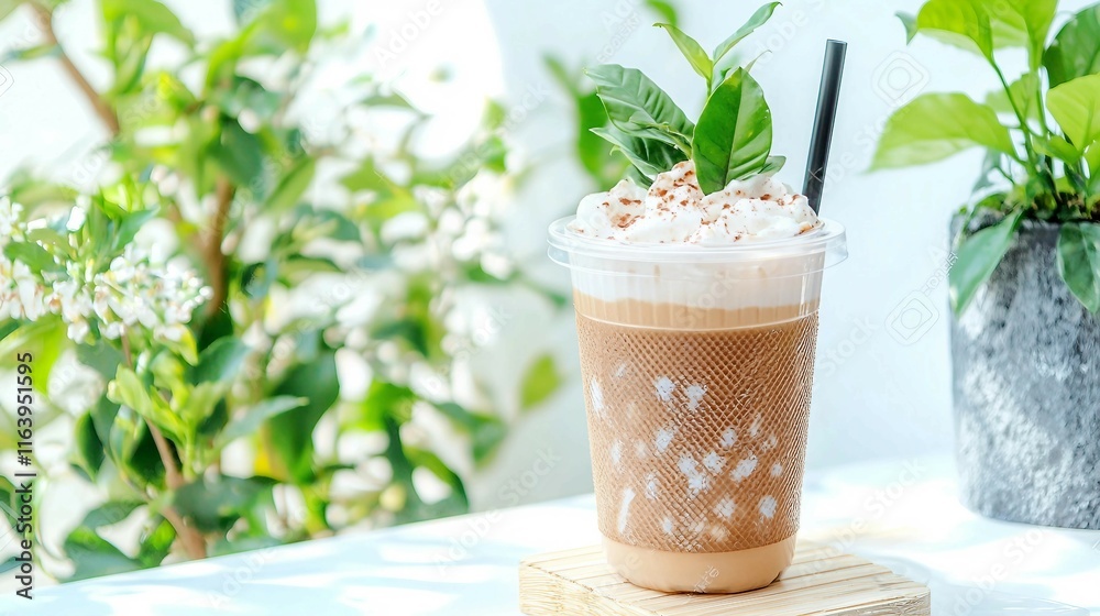 Refreshing Cold Beverage with Cream and Mint Garnish in a Cafe Setting Refreshing Cold Beverage with Cream and Mint Garnish in a Cafe Setting