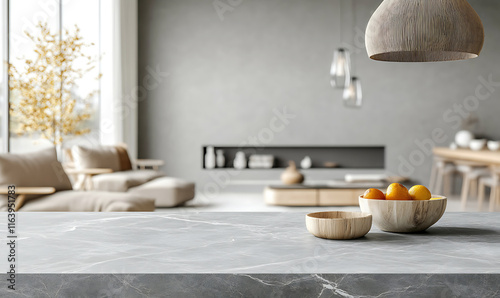 The gray marble table surface in the interior living room for displaying products with copyspace for product photography or branding.