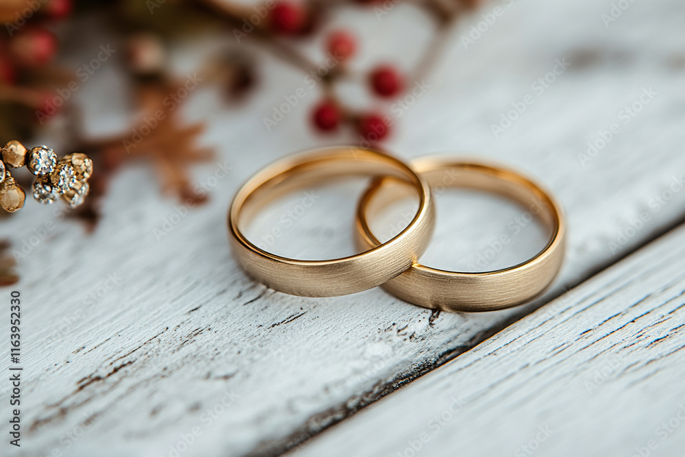 Two smooth gold wedding rings on an aged white wooden surface. Two smooth gold wedding rings on an aged white wooden surface.