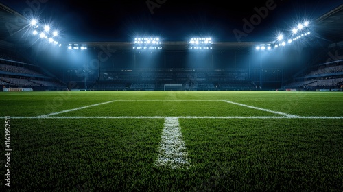 A soccer field with a white line on it and a bright light shining on it