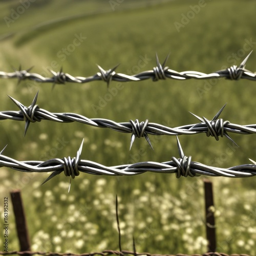 A close-up of barbed wire fence, highlighting its sharp points and intricate twists. photo