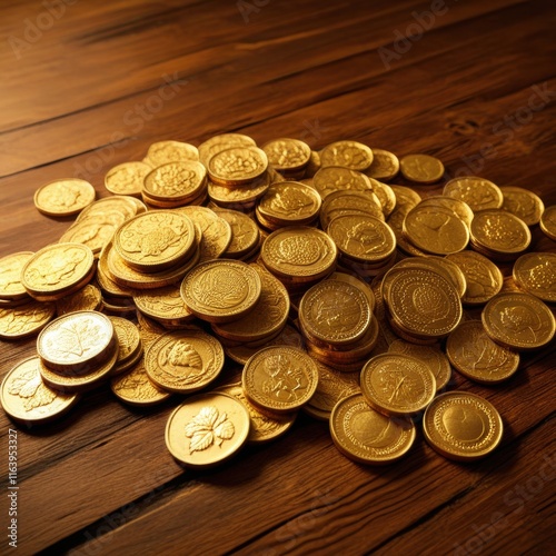 A vast treasure trove of glistening gold coins scattered across a wooden surface, creating a scene of wealth and abundance. photo